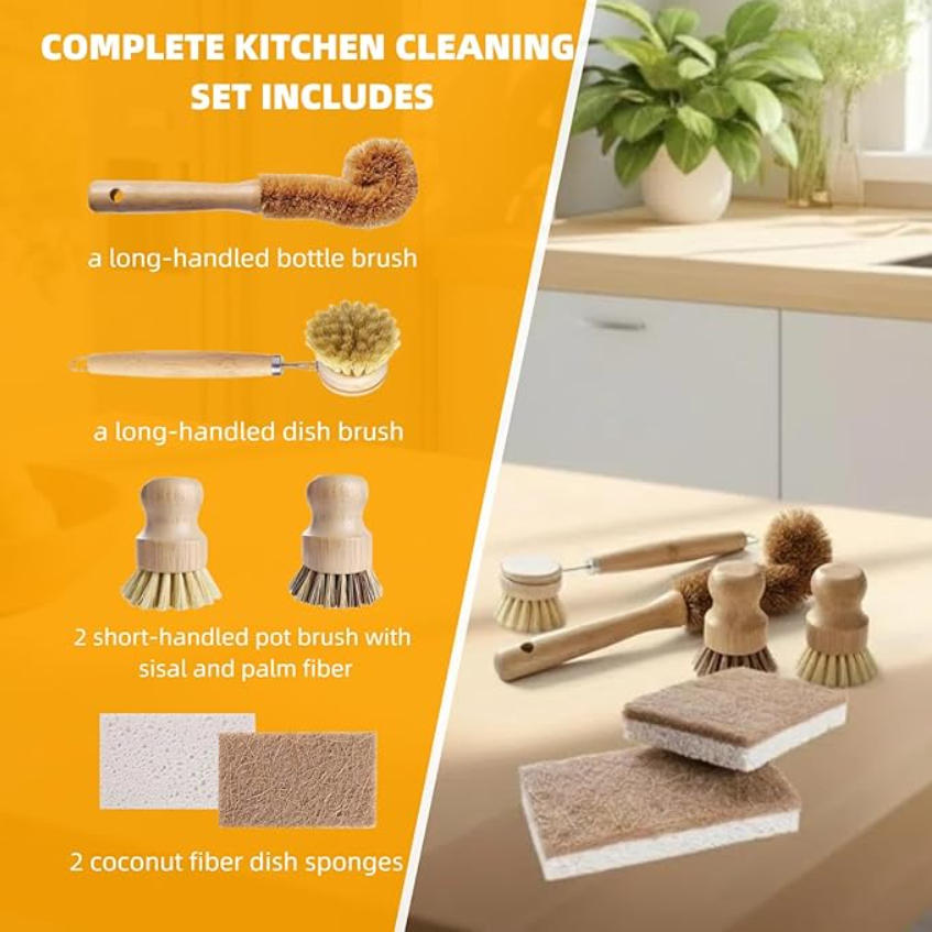 6 PCS Bamboo Dish Brush Set -  - огляд і ціна Substrate Coconut Fiber